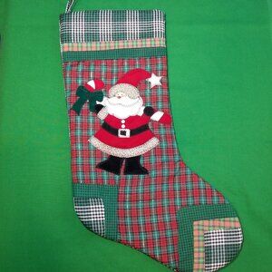 Vintage Quilted Red & Green Santa Christmas Stocking Holiday Retro 2000's